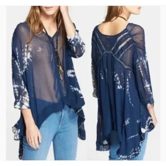 Free People Tie Dye Me Down Blue Sheer Tunic - Picture 1 of 9